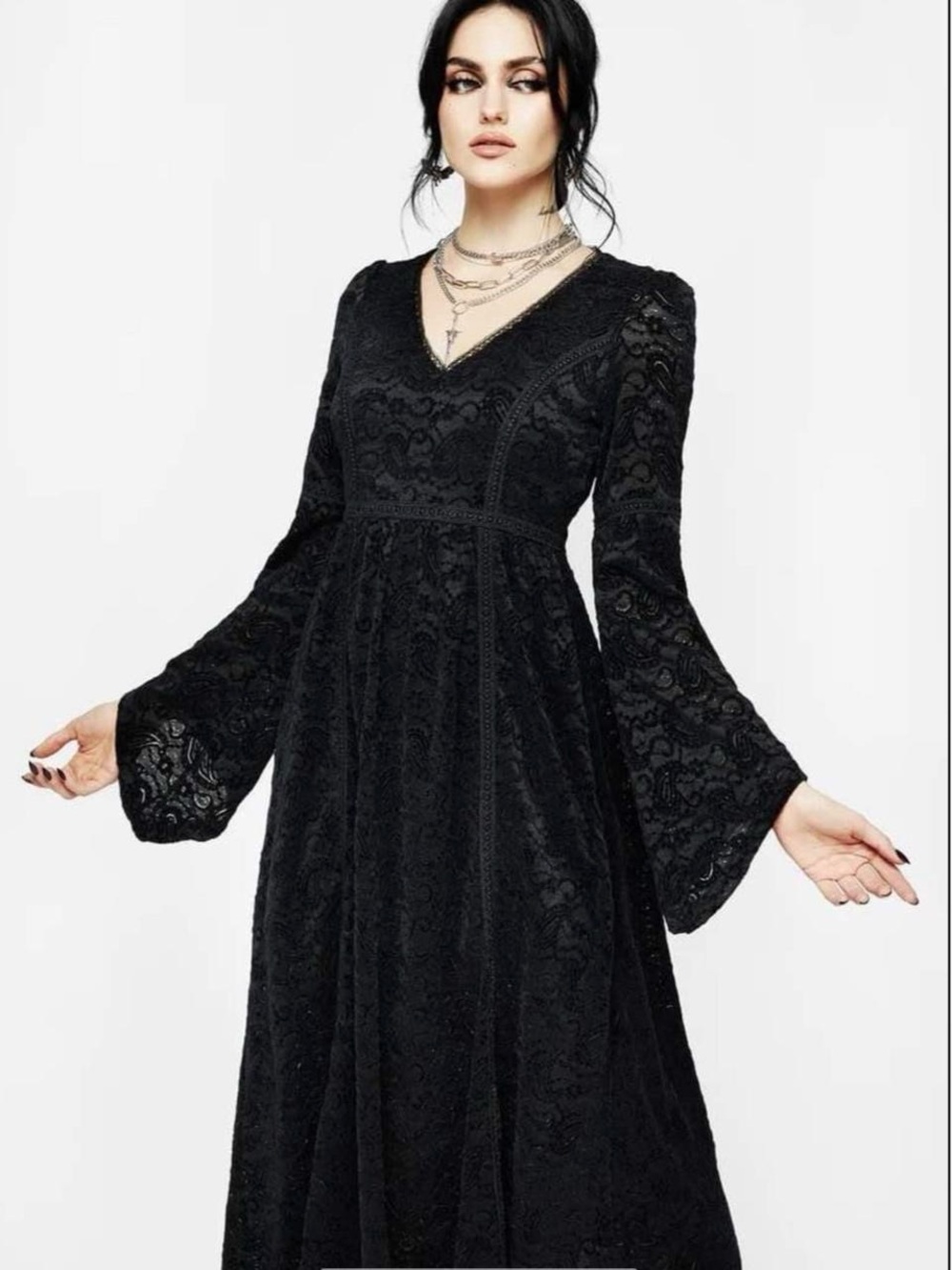 Disturbia Black Velvet Flocked Paisley Maxi Dress US 4 Gothic